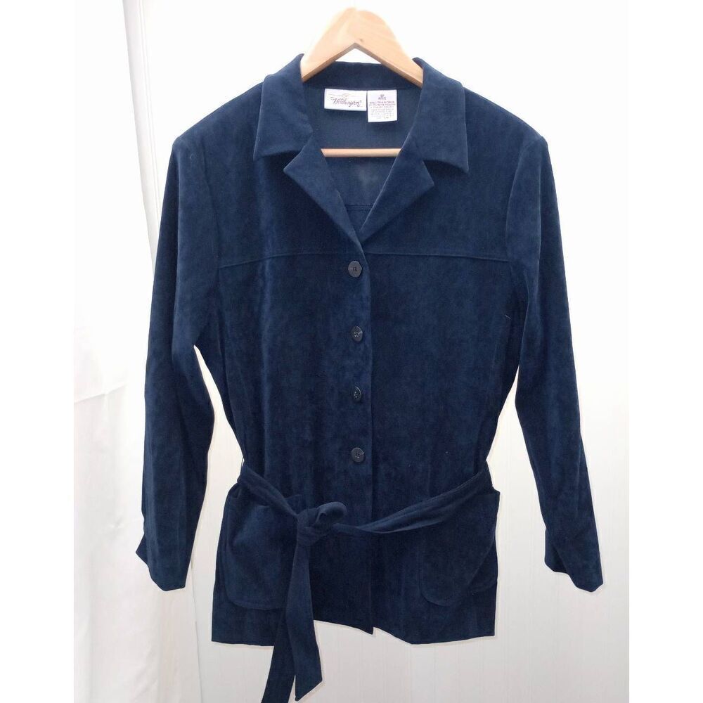 VTG  80s Worthington navy blue, tie waist, Faux suede jacket. Size 12 petite
